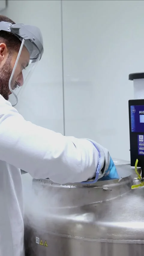 Vertical Scientist handling cryogenic samples in laboratory Stock Footage 296886369