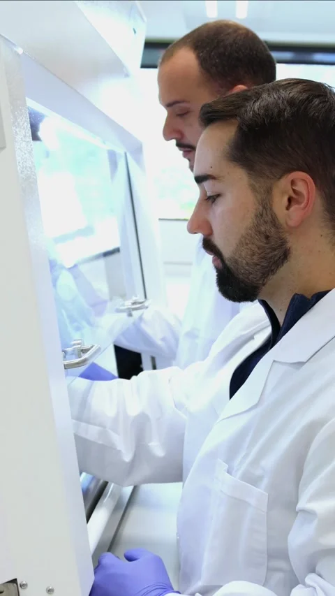 Vertical Scientists working in laboratory researching new medicine Stock Footage 296886321