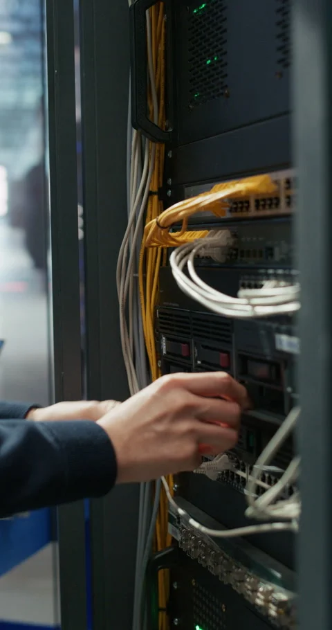 Vertical Screen Administrator Inserting Hardware in Server Racks in Stock Footage 320001460