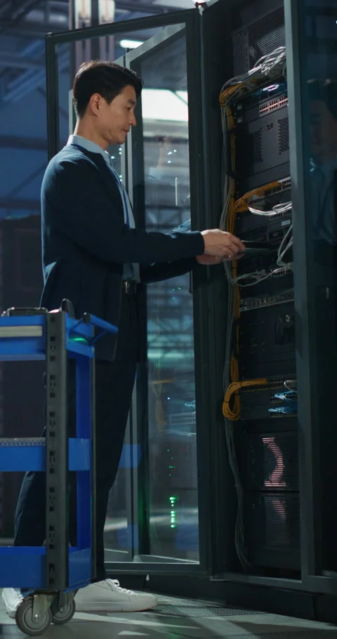 Vertical Screen Administrator Inserting Hardware in Server Racks i Stock Footage 320001512