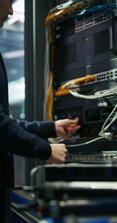 Vertical Screen Administrator Inserting Hardware in Server Racks in Stock Footage 320001517