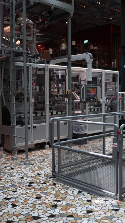 Vertical screen advanced coffee packaging machine with control panel and conveyo Stock Footage 310486226