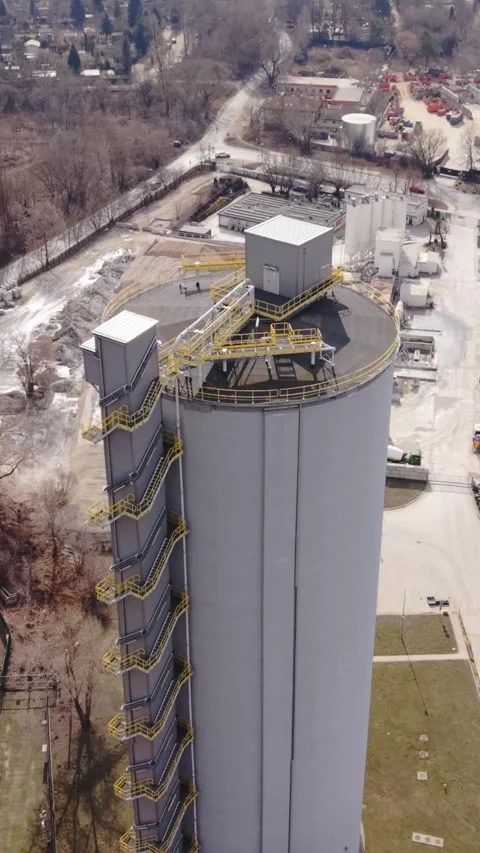 Vertical screen Aerial Silo Above Suburban River Valley With Winding Stock Footage 334664301