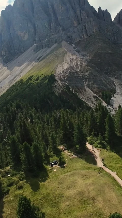 Vertical Screen Aerial View Of Alpine Meadow Below Cinematic Drone Sweep Through Stockbeeldmateriaal 324637081