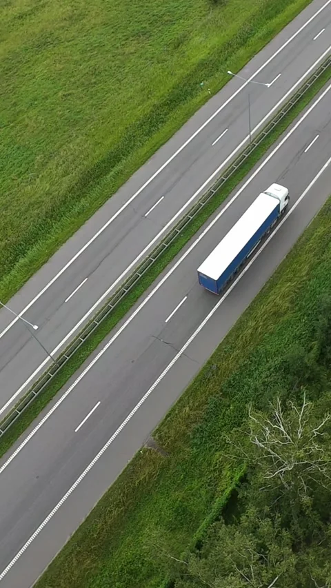 Vertical Screen Aerial View Mixed Traffic With Freight Truck And Van On Highway Stock Footage 325825504