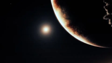 Vertical screen alien planet sunrise glowing star dramatic space view curved hor Stock Footage 311648958