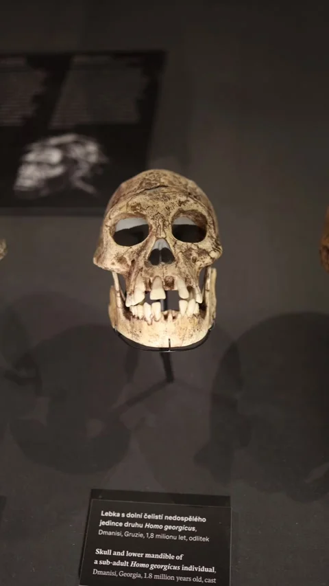 Vertical screen ancient hominid skull displayed in a museum setting  Stock Footage 320451106
