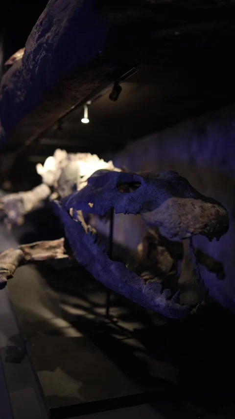 Vertical screen ancient reptile skull displayed under moody Stock Footage 320451069