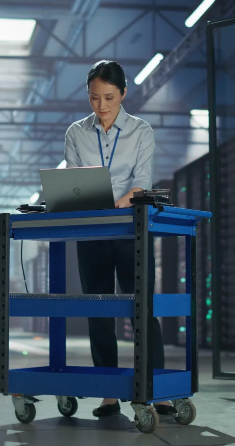 Vertical Screen Asian Female Data Center Engineer Using Laptop Com.mov Stock Footage 320001603
