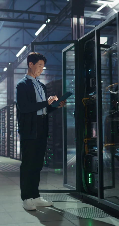 Vertical Screen Asian IT Specialists Using Tablet Computer in Data Stock Footage 320001697