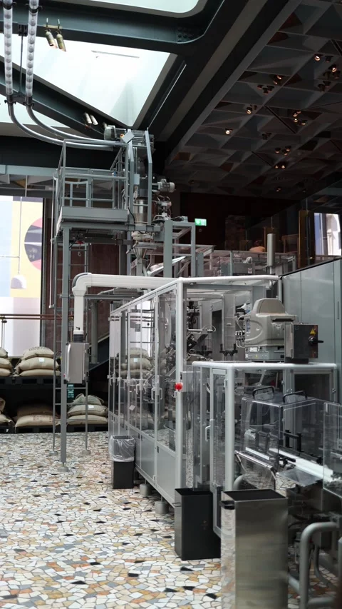 Vertical screen automated coffee packaging line with transparent panels and conv Stock Footage 310470228