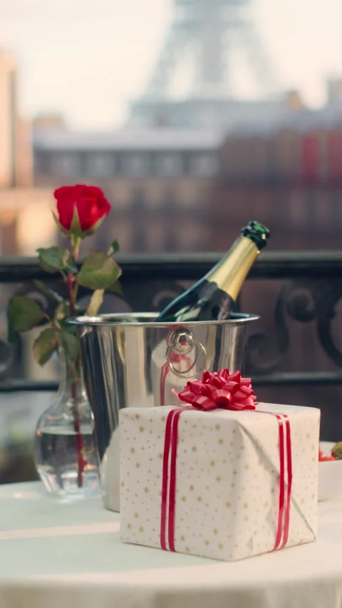 Vertical Screen Balcony with Champagne on Table in Paris Stock Footage 296173254
