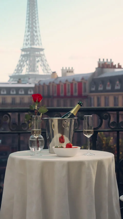 Vertical Screen Balcony with Champagne on Table in Paris Stock Footage 296173355