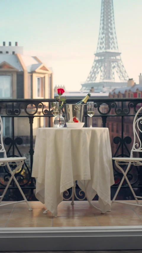 Vertical Screen Balcony with Champagne on Table in Paris Stock Footage 296173361