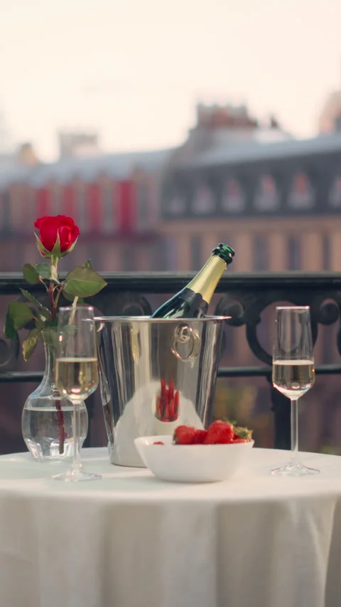 Vertical Screen Balcony with Champagne on Table in Paris Stock Footage 296173425