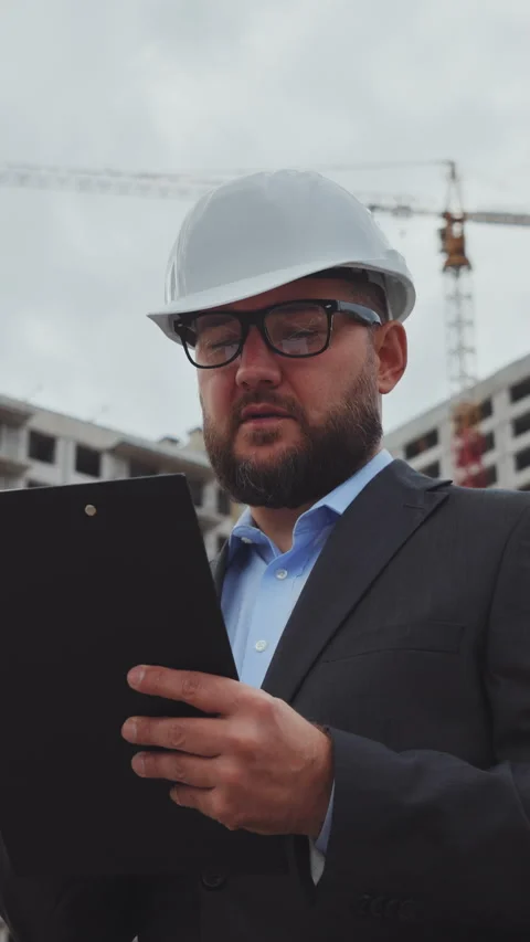 Vertical Screen: Bearded building inspector making notes at construction site Stock Footage 270322485