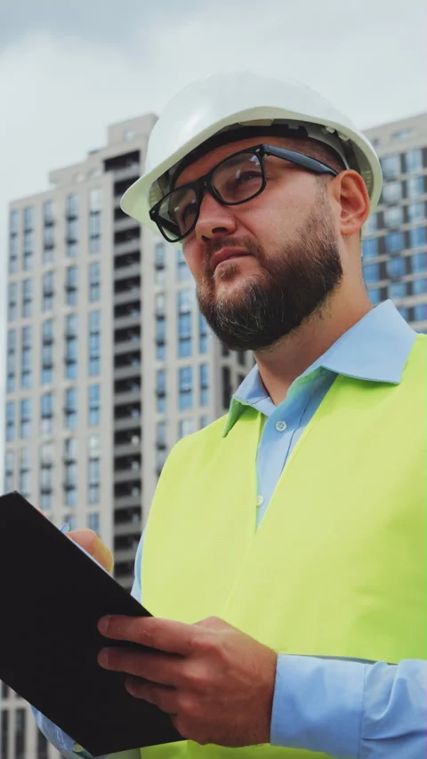 Vertical Screen: Bearded inspector at construction site making notes on paper Stock Footage 293507909