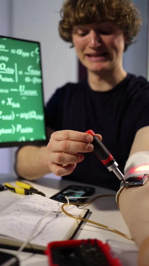 Vertical screen biohacker calibrates wearable chip Stock Footage 323270527