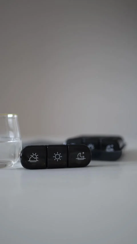Vertical screen: A black pill organizer labeled for different times of the day s Stock Footage 301240245