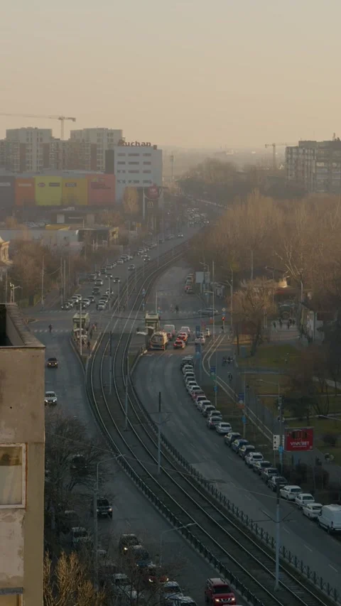 Vertical Screen Bucharest boulevards seen from above apartment buildings Stock Footage 303505290