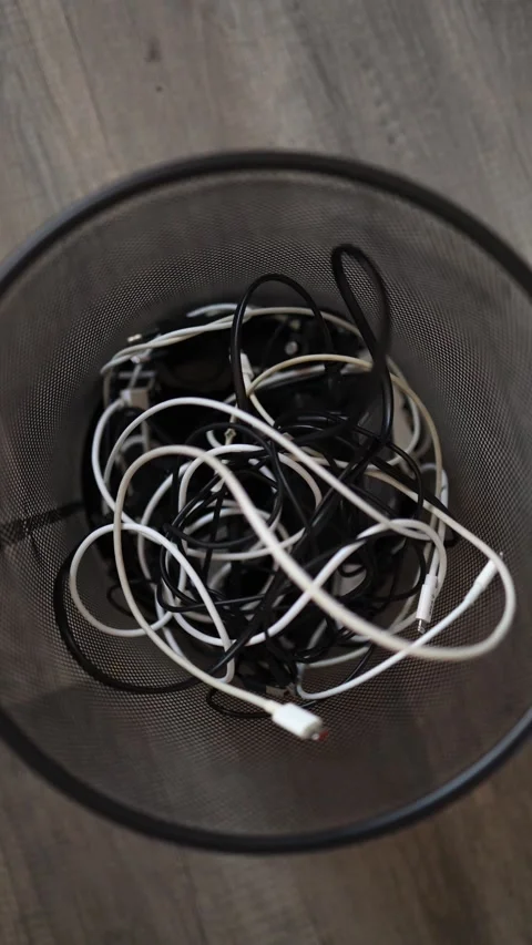 Vertical screen: A bundle of tangled black and white charging cables discarded i Stock Footage 299309288