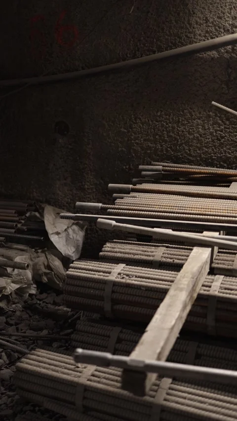 Vertical screen bundles of thick dusty rebar stacked along a rough tunnel wall w Stock Footage 309647653