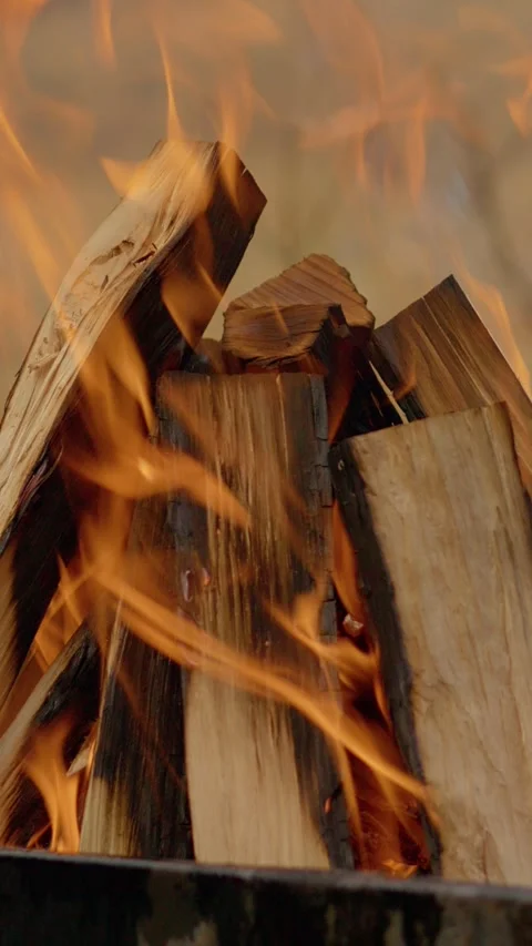 Vertical Screen Burning wood logs creating glowing embers inside metal brazier Stock Footage 303569308