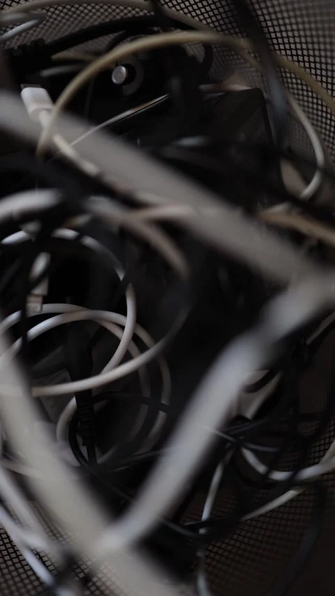 Vertical screen: A chaotic close-up of tangled black and white cables inside a m Stock Footage 299309096