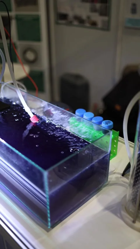 Vertical screen chemical experiment with bubbling purple liquid in glass tank co Stock Footage 311130447