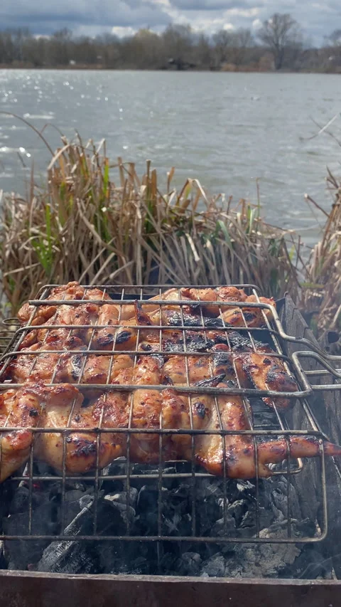 Vertical screen: Chicken wings frying on an grill. Chicken wings in mexican Stock Footage 238699685