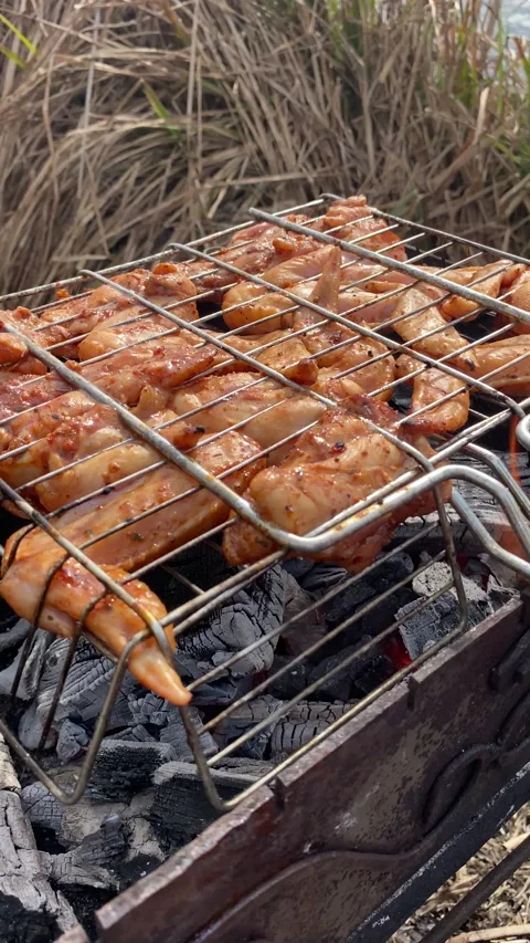 Vertical screen: Chicken wings frying on an grill. Chicken wings in mexican Stock Footage 238759403