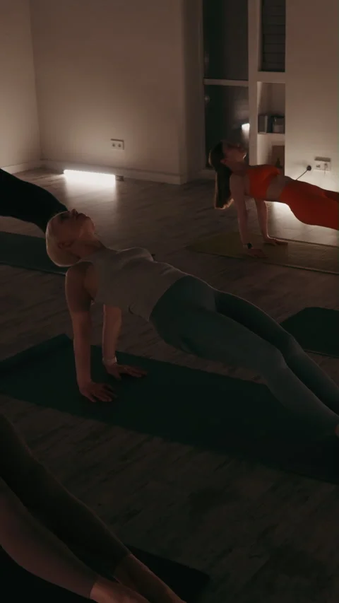 Vertical screen: Class Engaged in Reverse Plank Pose Stock Footage 275533740