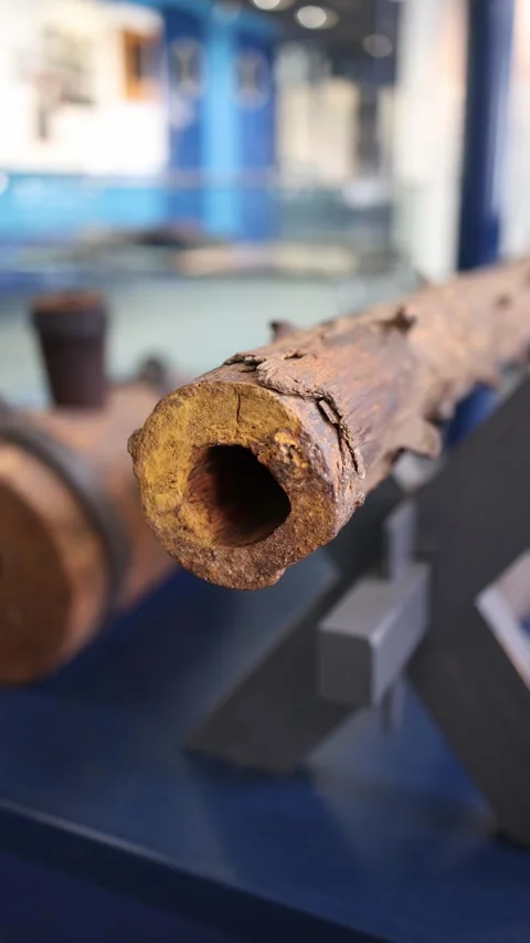 Vertical screen: Close-up of an ancient wooden water pipe made from a hollowed l Stock Footage 304883838