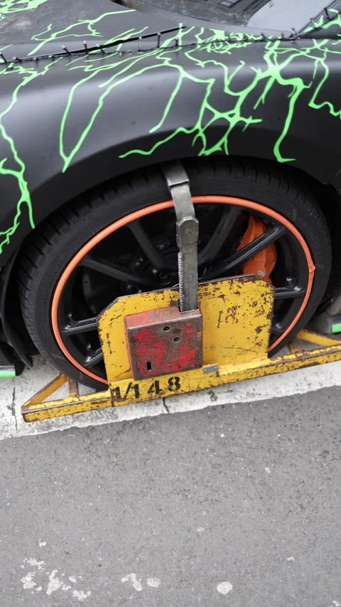 Vertical screen: Close-up of a car wheel with a bright green lightning-like patt Stock Footage 297264883