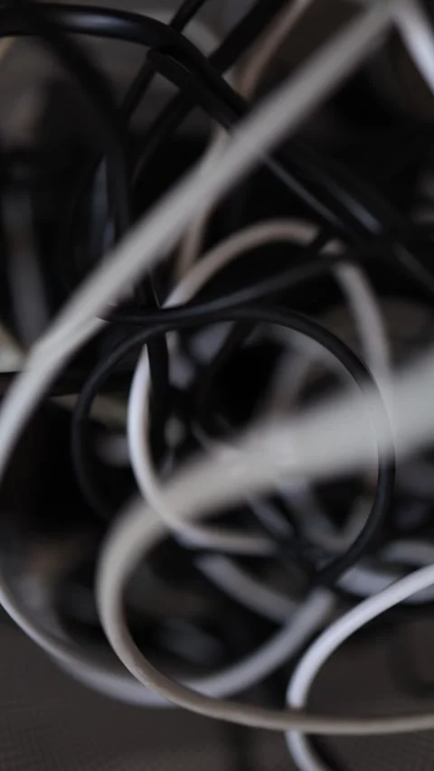 Vertical screen: A close-up of intertwined black and white cables, creating a ch Stock Footage 299308596