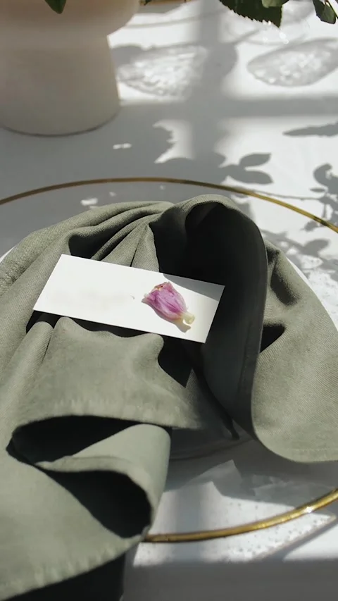 Vertical screen: Close-up on a plate. Table setting with green napkins, glasses Stock Footage 308397471