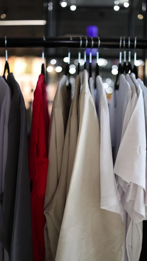 Vertical screen: A clothing rack with neatly hung t-shirts in neutral and bold c Stock Footage 304459580