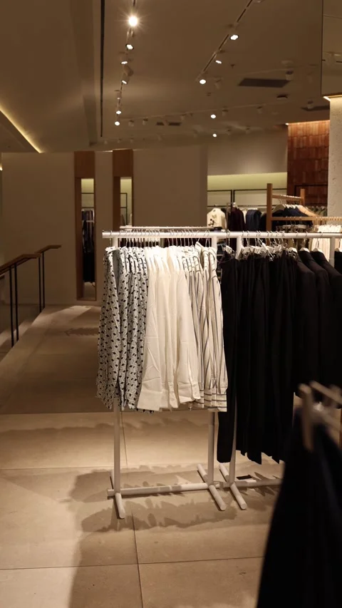 Vertical screen clothing store interior with neatly arranged shirts jackets and  Stock Footage 315414531