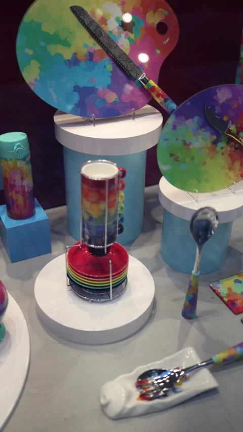Vertical screen: A colorful display of artistic kitchenware featuring vibrant pa Video stock 300162301