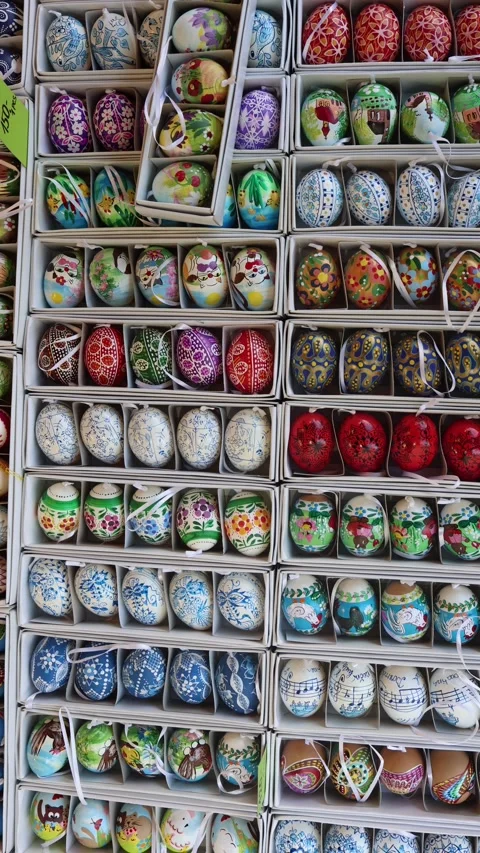 Vertical screen colorful Easter eggs hand painted with folk art patterns cute an Stock Footage 306677142