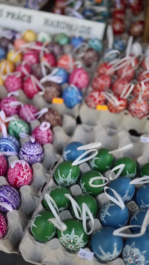 Vertical screen colorful Easter eggs with delicate folk patterns neatly arranged Stock Footage 306677856