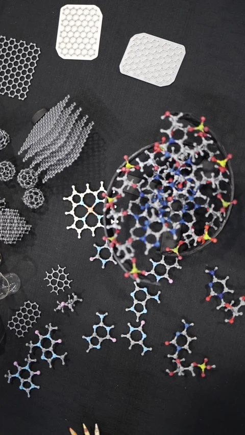 Vertical screen colorful molecular and lattice structures made from 3D printed p Stock Footage 311130340
