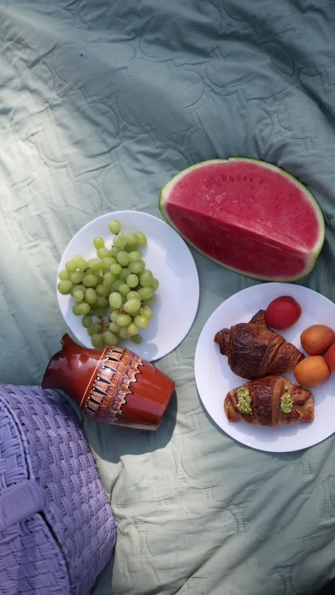 Vertical screen colorful picnic flat lay with juicy watermelon grapes apricots c Stock Footage 311130065