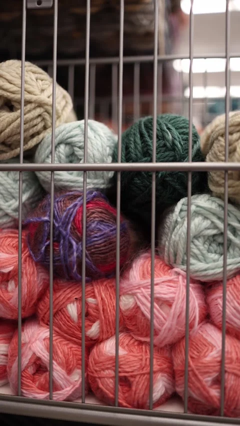 Vertical screen colorful yarn balls stacked behind a metal grid in Stock Footage 330014795