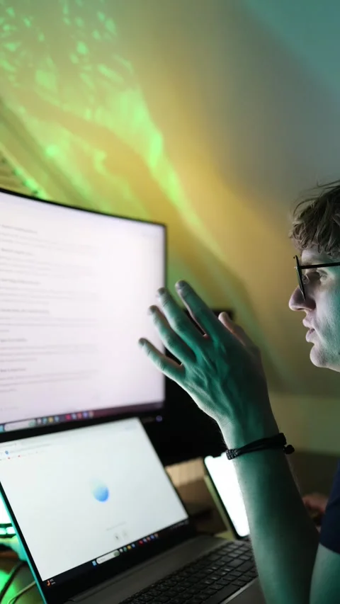 Vertical screen concentrated man gestures while analyzing data on dual monitors  Stock Footage 316878118