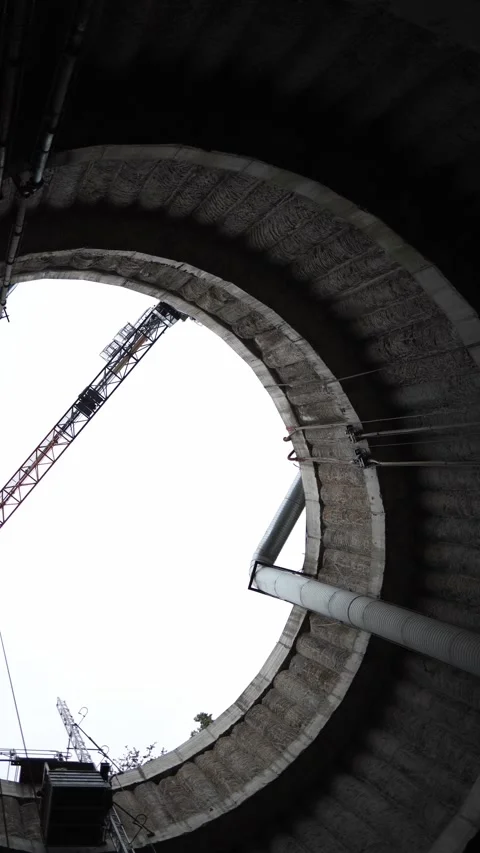 Vertical screen construction shaft circular tunnel ventilation pipes crane above Stock Footage 309646104