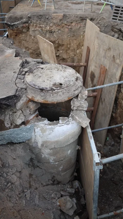 Vertical screen: Construction site with exposed damaged concrete sewer pipes, sh Stock Footage 304884363