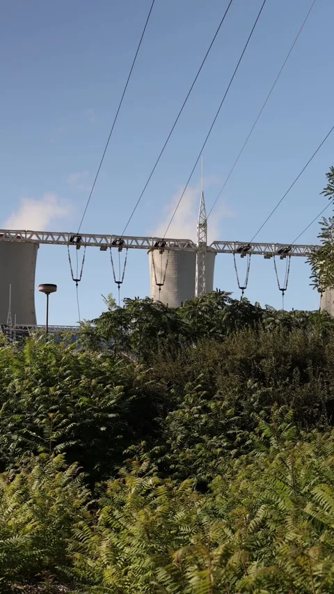 Vertical screen cooling towers of power plant rise behind green trees with elect Video stock 314823370