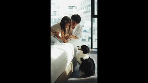 Vertical Screen: Couple playing with pet dog, showing love and companionship in Stock Footage 276509187