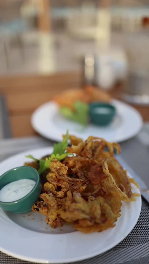 Vertical screen Crispy onion fritters with golden batter and creamy dip served o Stock Footage 310056489